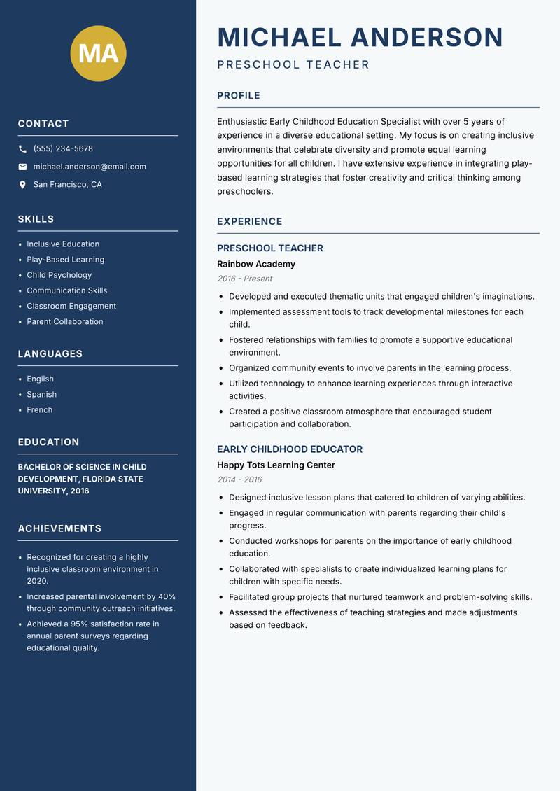 Early Childhood Education Specialist resume template — Classic Clean