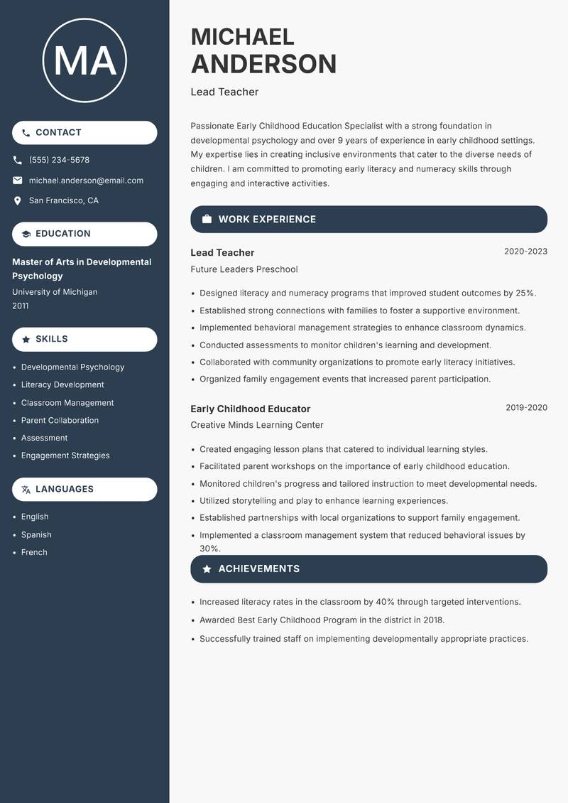 Early Childhood Education Specialist resume template — Compact