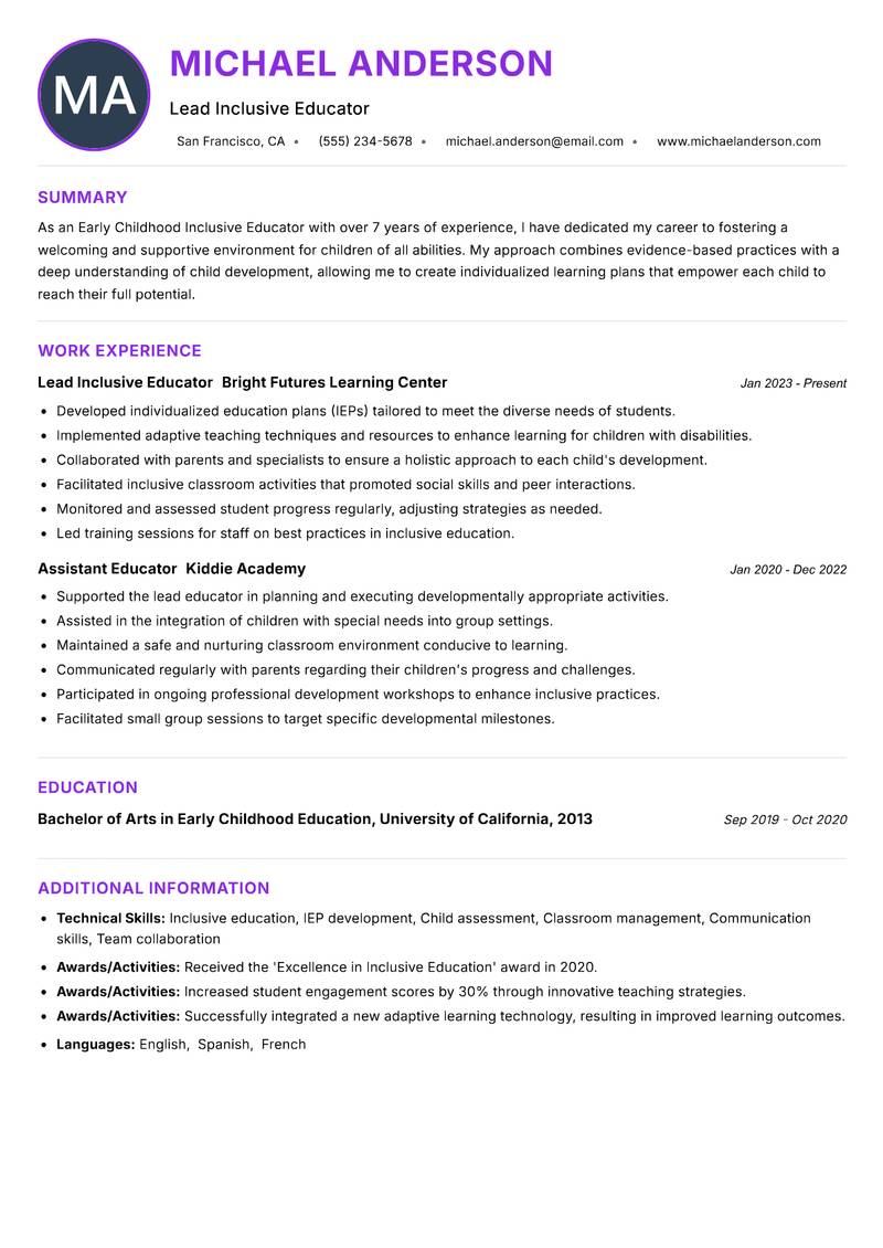Early Childhood Inclusive Educator resume example — ATS-friendly template