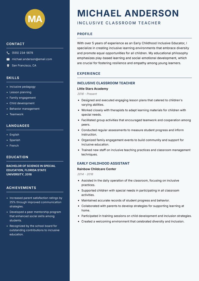Early Childhood Inclusive Educator resume template — Classic Clean