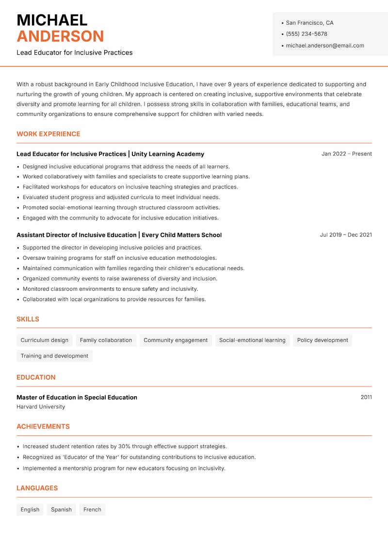 Early Childhood Inclusive Educator resume template — Modern Professional