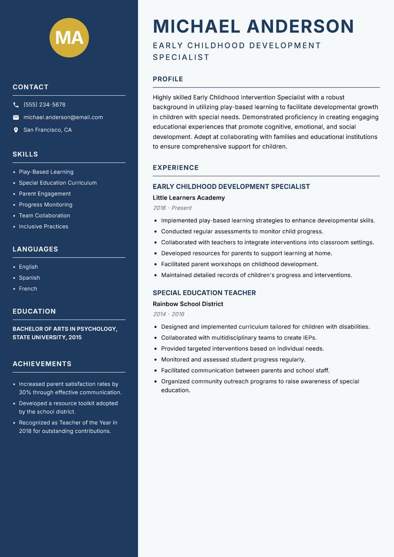 Early Childhood Intervention Specialist resume template — Classic Clean