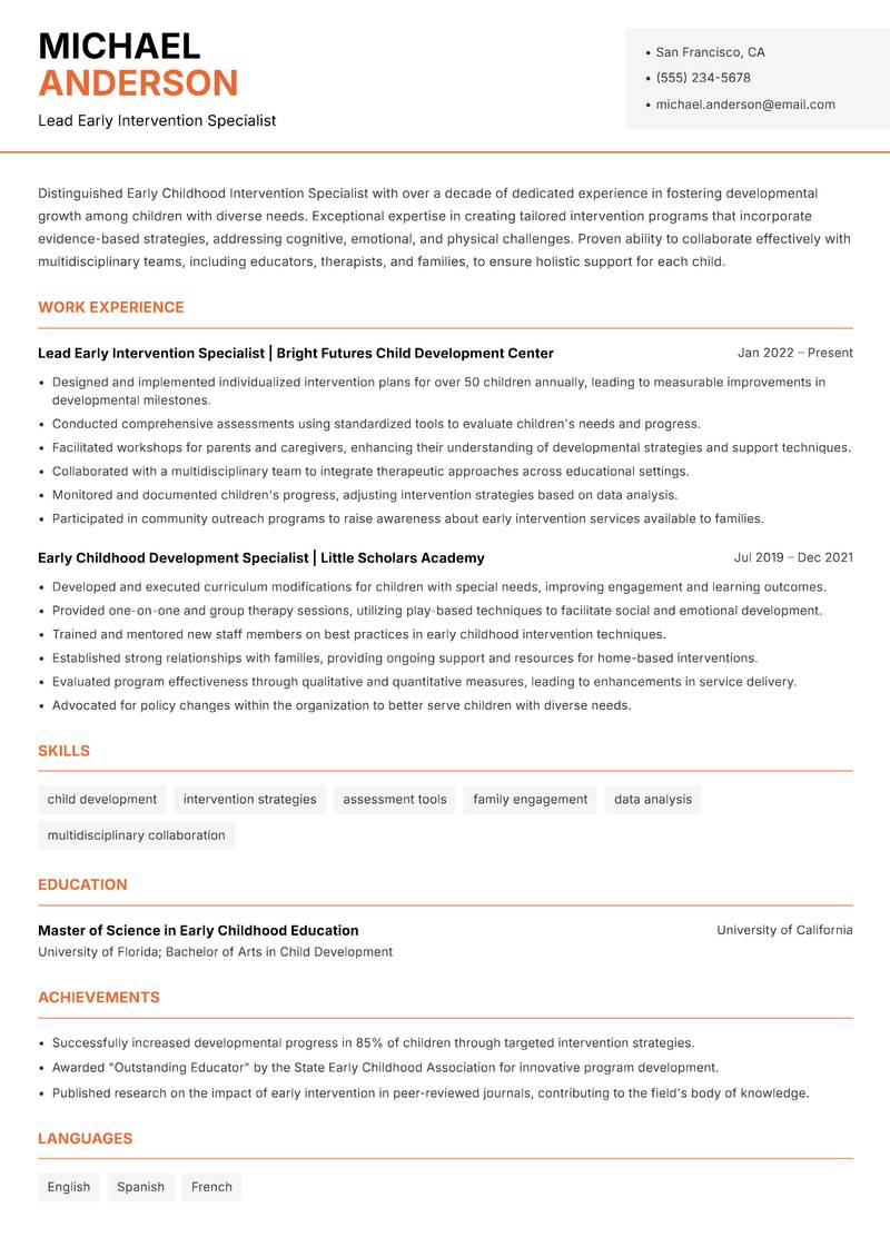 Early Childhood Intervention Specialist resume template — Modern Professional