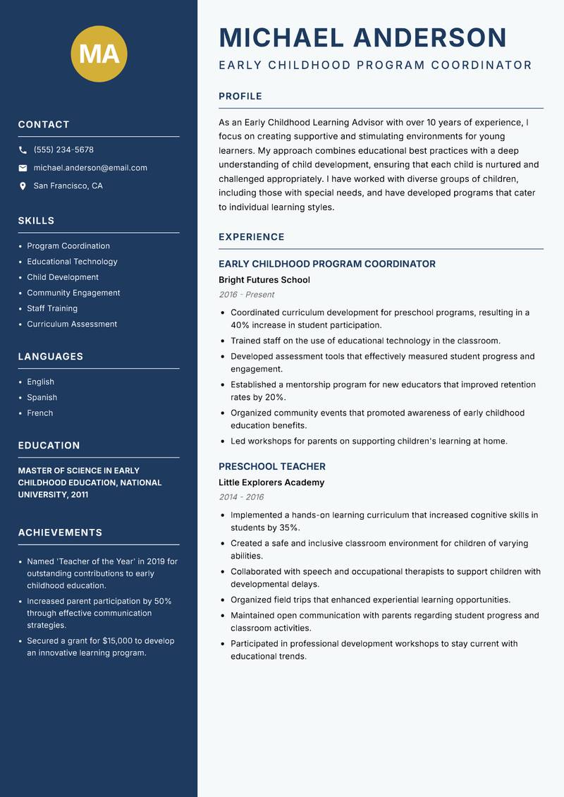 Early Childhood Learning Advisor resume template — Classic Clean