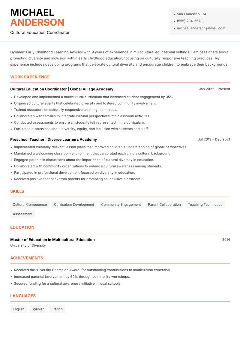 Early Childhood Learning Advisor resume template — Modern Professional