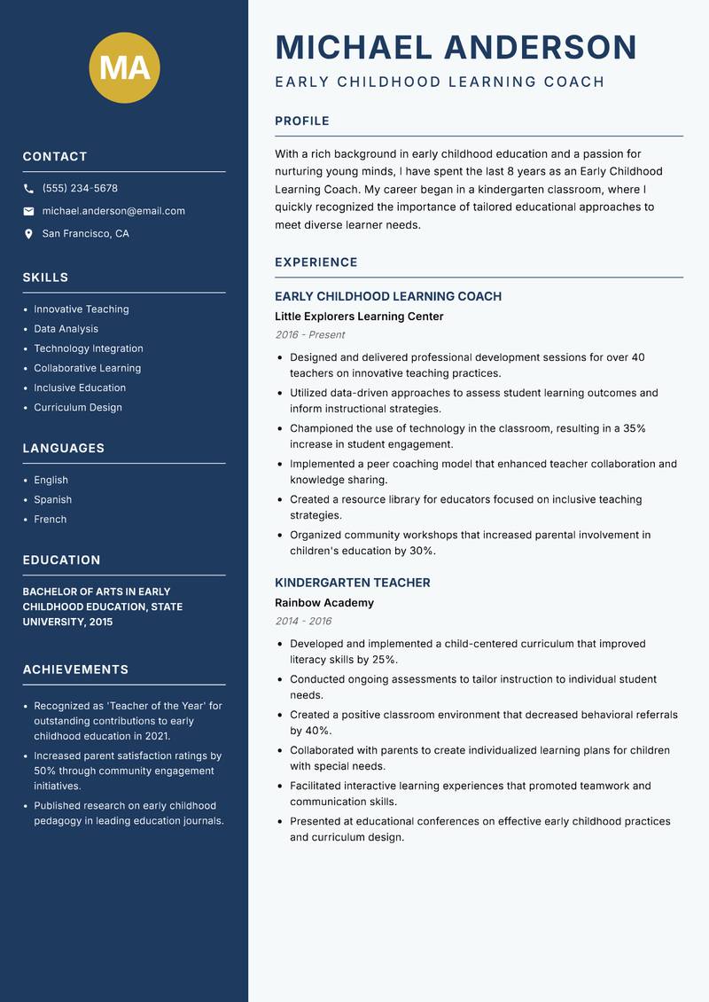 Early Childhood Learning Coach resume template — Classic Clean