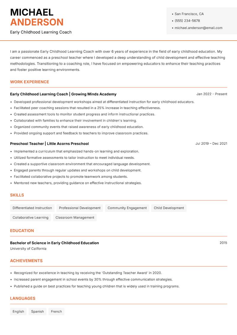 Early Childhood Learning Coach resume template — Modern Professional