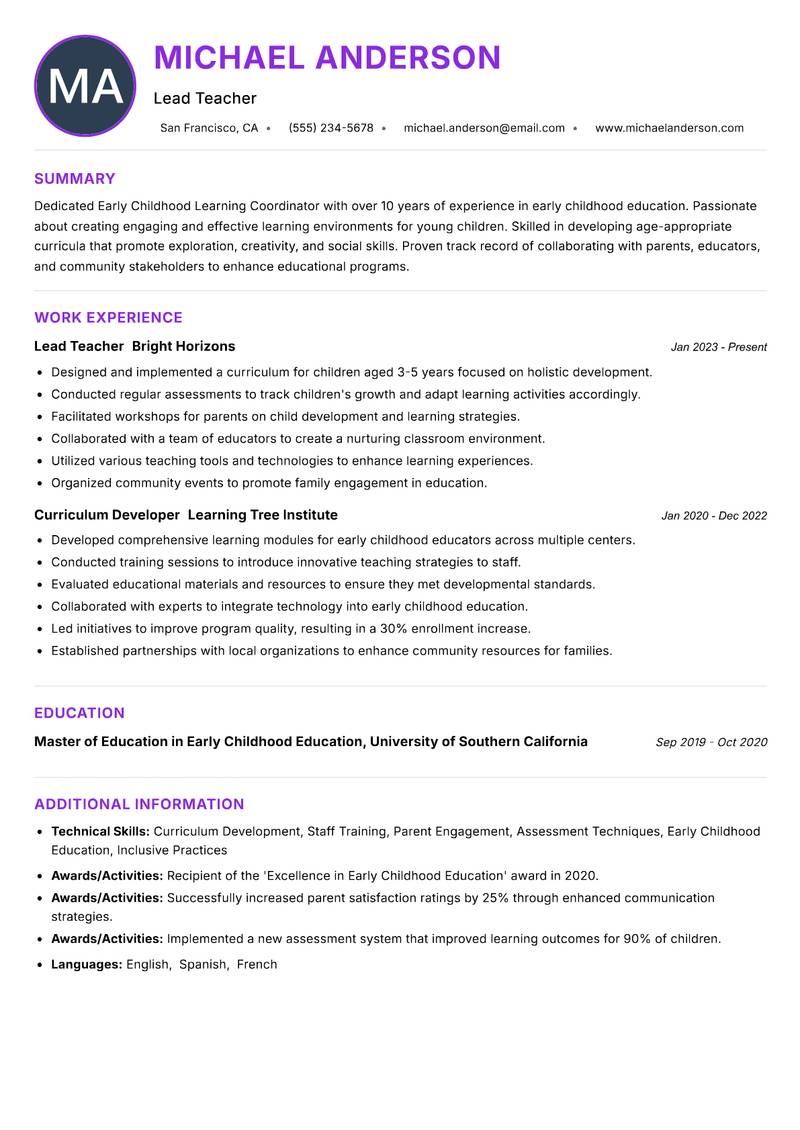 Early Childhood Learning Coordinator resume example — ATS-friendly template