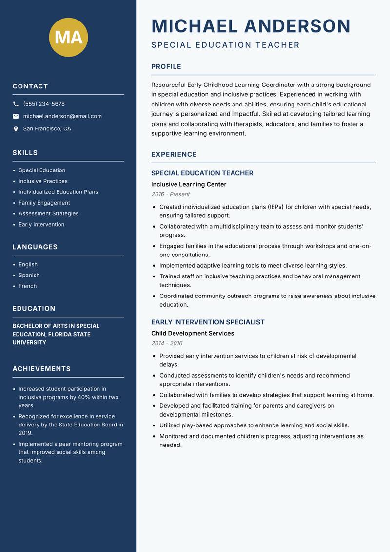 Early Childhood Learning Coordinator resume template — Classic Clean