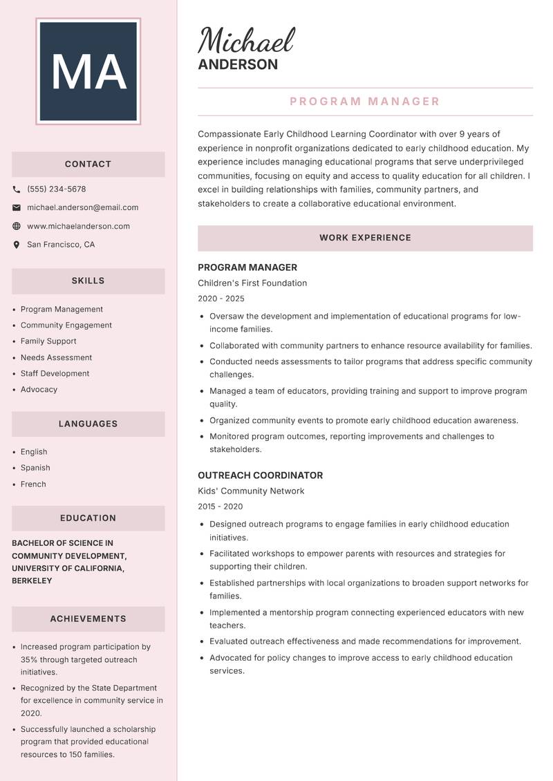 Early Childhood Learning Coordinator resume template — Executive