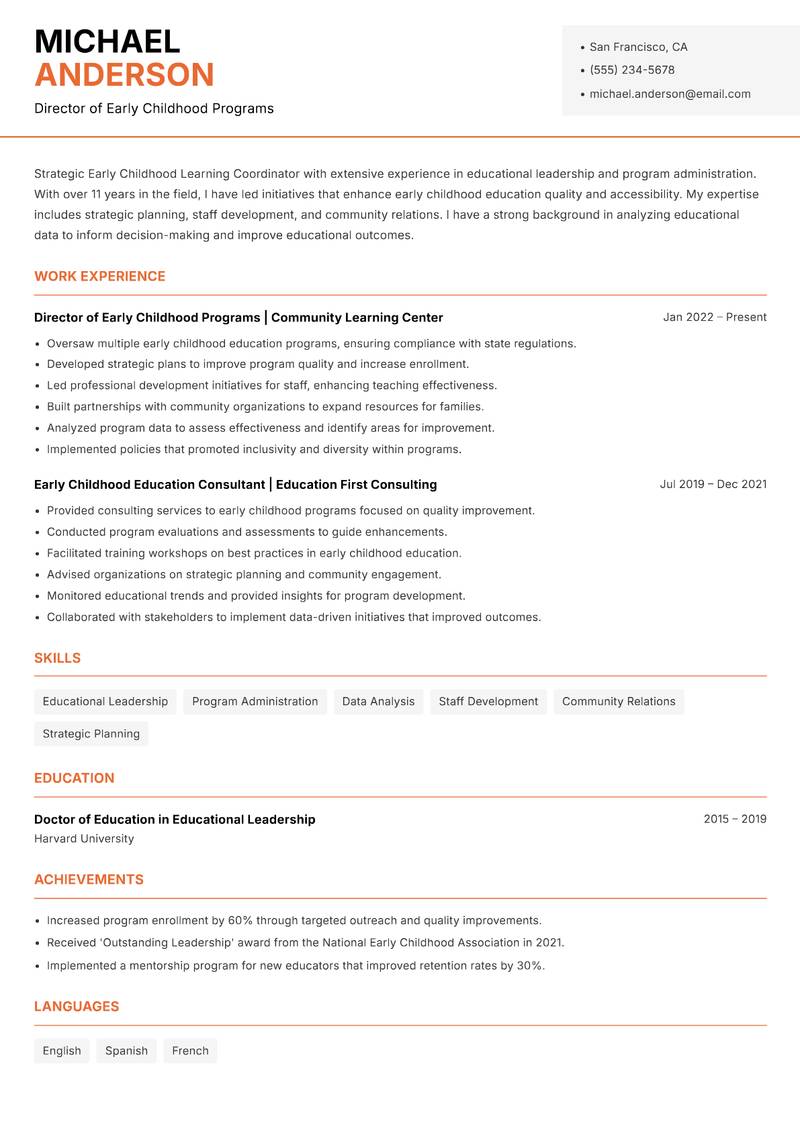 Early Childhood Learning Coordinator resume template — Modern Professional