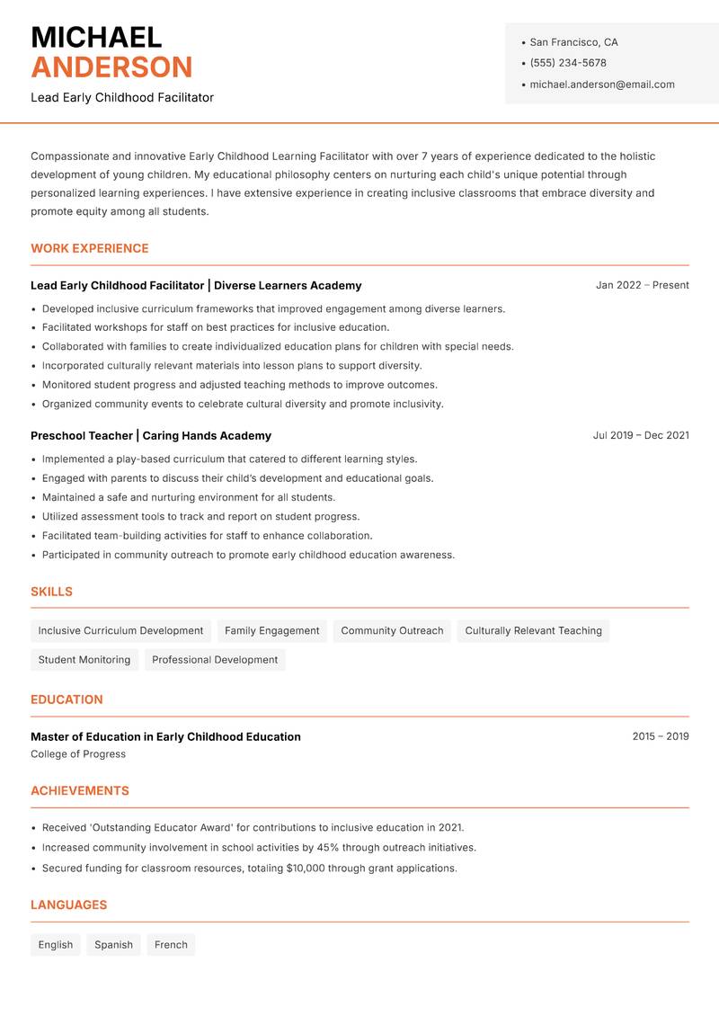 Early Childhood Learning Facilitator resume template — Modern Professional