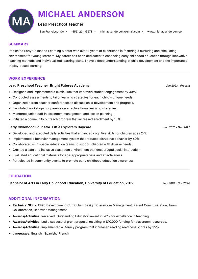 Early Childhood Learning Mentor resume example — ATS-friendly template