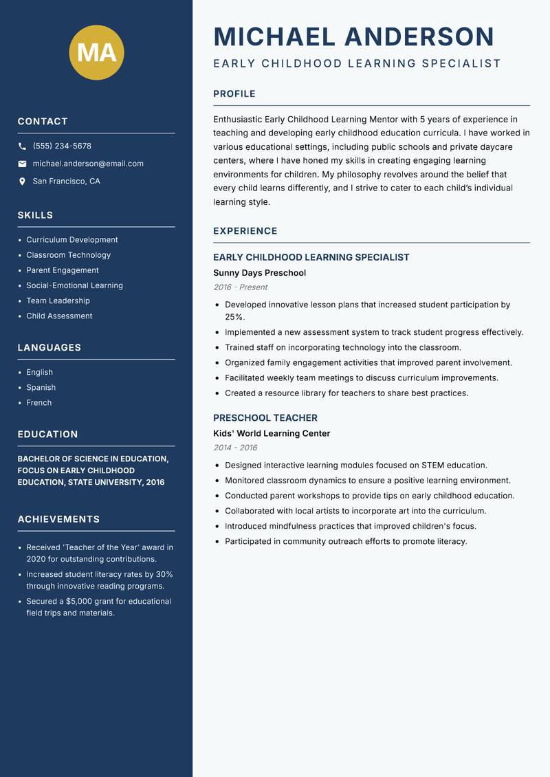 Early Childhood Learning Mentor resume template — Classic Clean