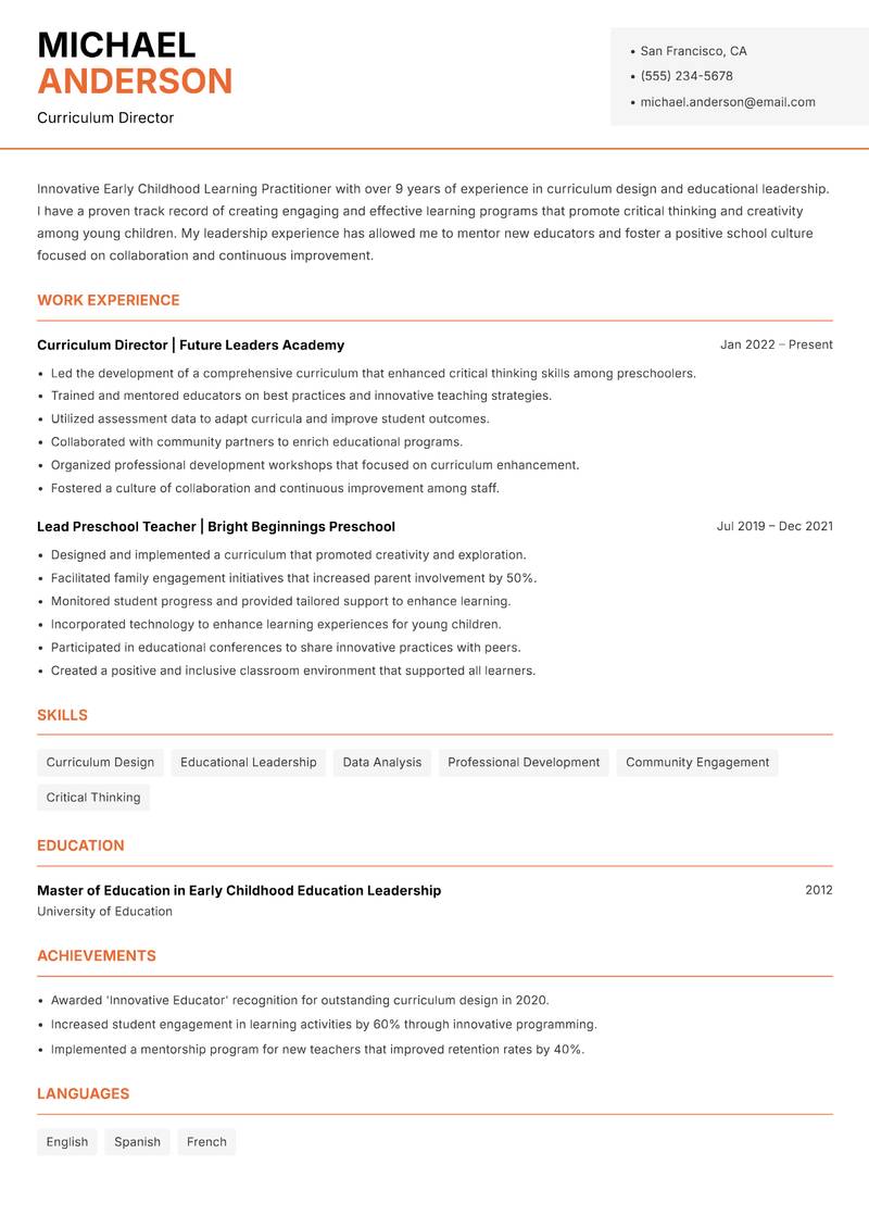 Early Childhood Learning Practitioner resume template — Modern Professional
