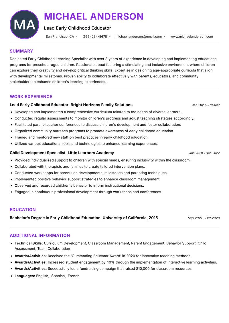 Early Childhood Learning Specialist resume example — ATS-friendly template