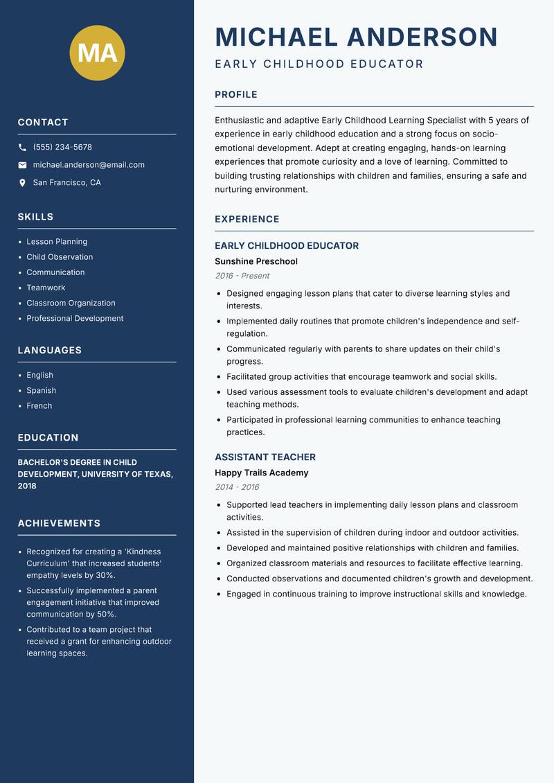 Early Childhood Learning Specialist resume template — Classic Clean