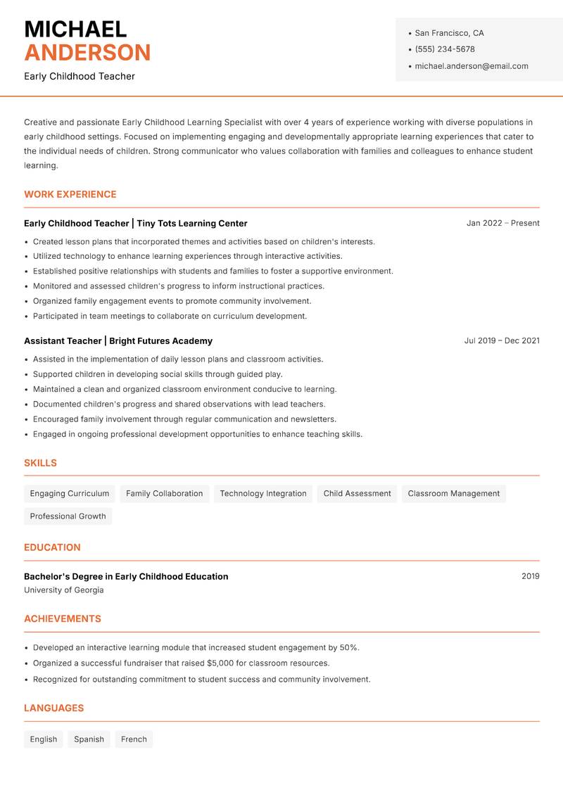 Early Childhood Learning Specialist resume template — Modern Professional