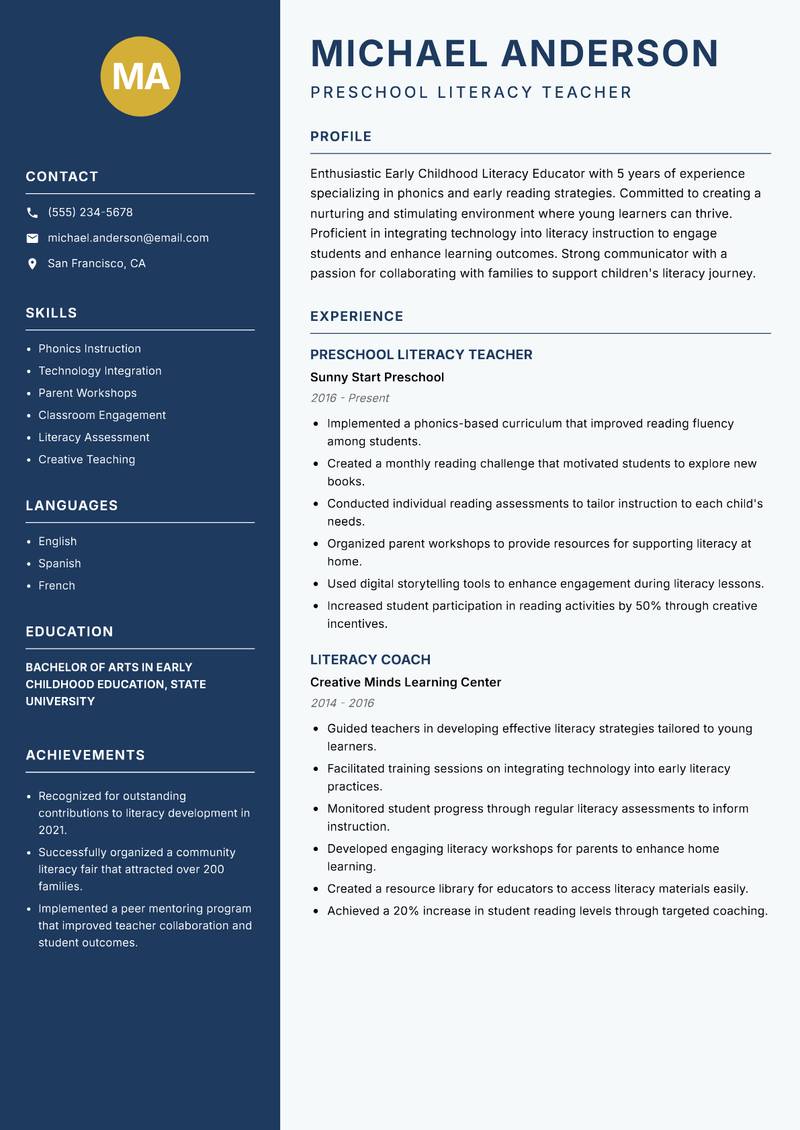 Early Childhood Literacy Educator resume template — Classic Clean