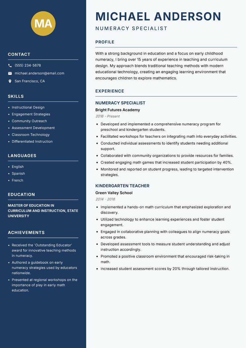 Early Childhood Numeracy Educator resume template — Classic Clean