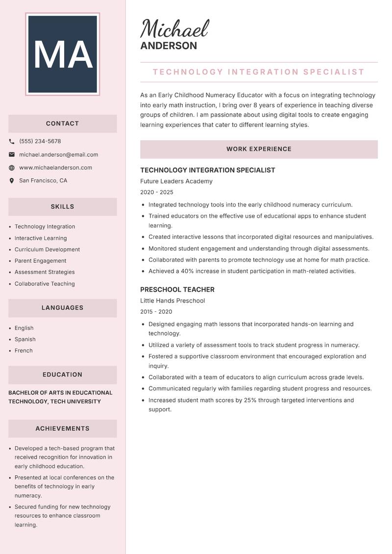 Early Childhood Numeracy Educator resume template — Executive