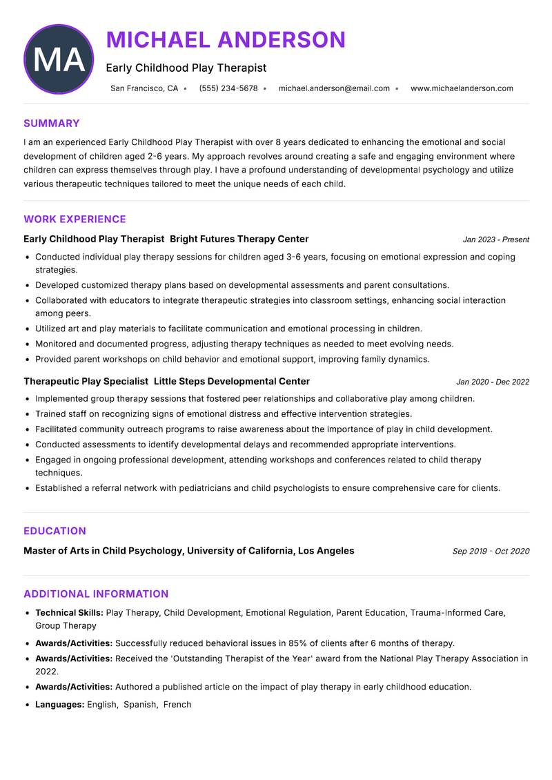 Early Childhood Play Therapist resume example — ATS-friendly template