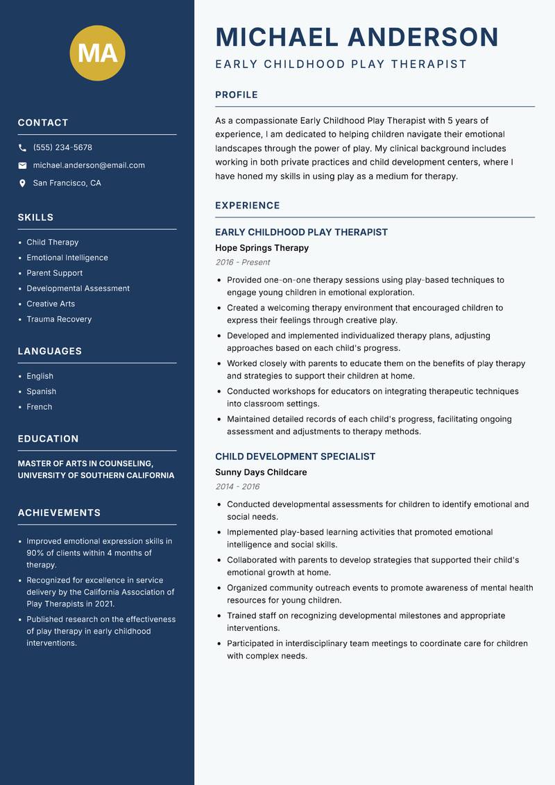 Early Childhood Play Therapist resume template — Classic Clean