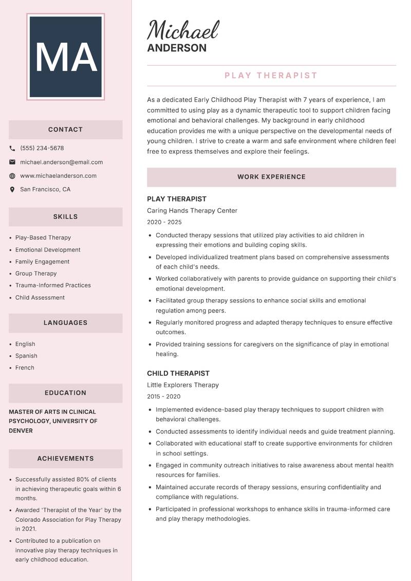 Early Childhood Play Therapist resume template — Executive