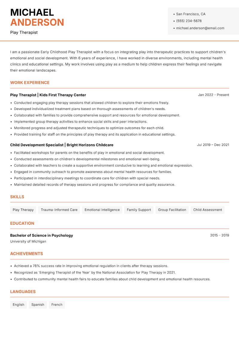 Early Childhood Play Therapist resume template — Modern Professional