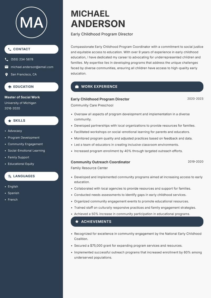 Early Childhood Program Coordinator resume template — Compact