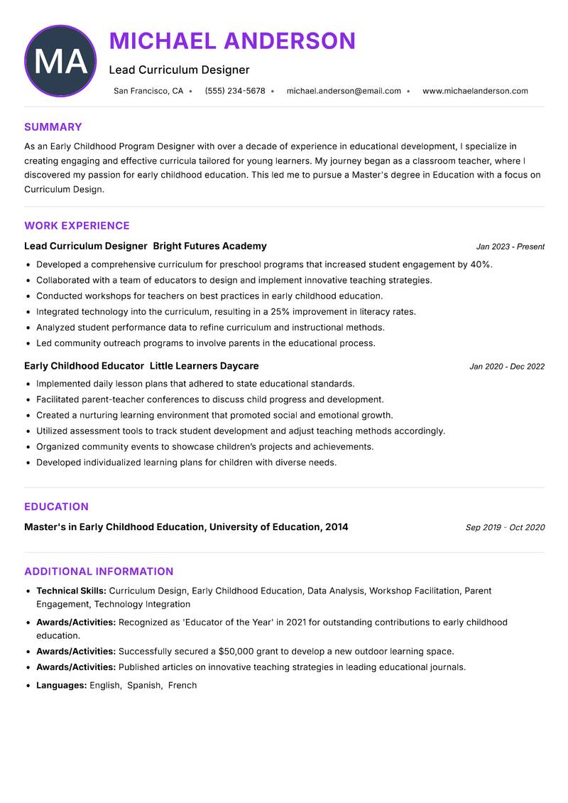 Early Childhood Program Designer resume example — ATS-friendly template