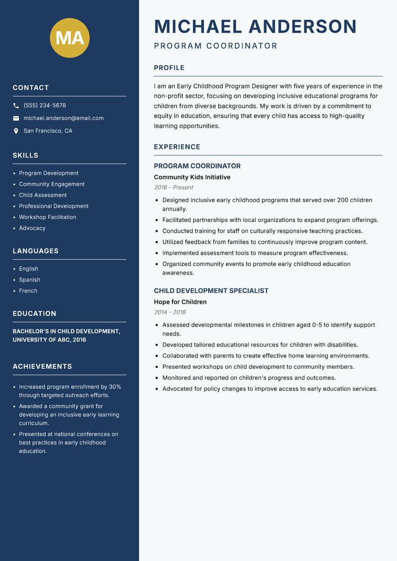 Early Childhood Program Designer resume template — Classic Clean