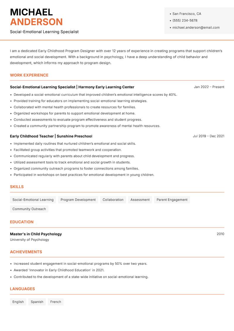 Early Childhood Program Designer resume template — Modern Professional