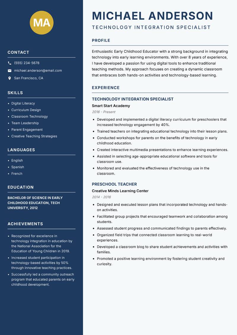 Early Childhood School Educator resume template — Classic Clean