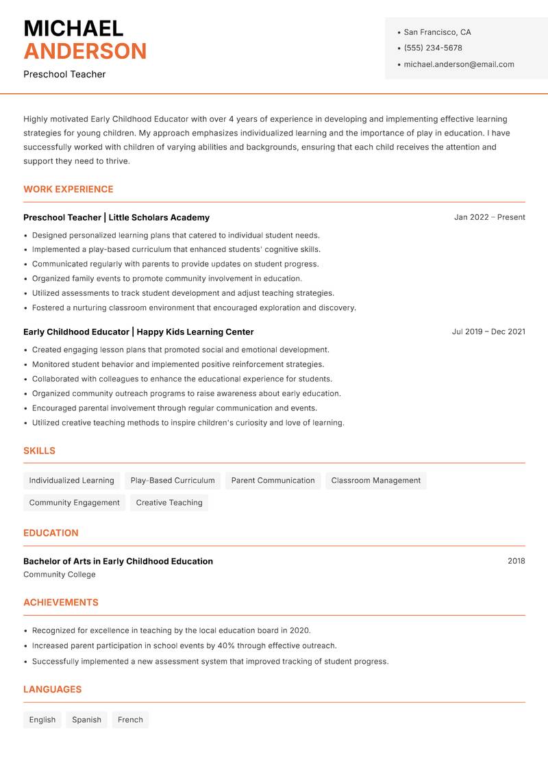 Early Childhood School Educator resume template — Modern Professional