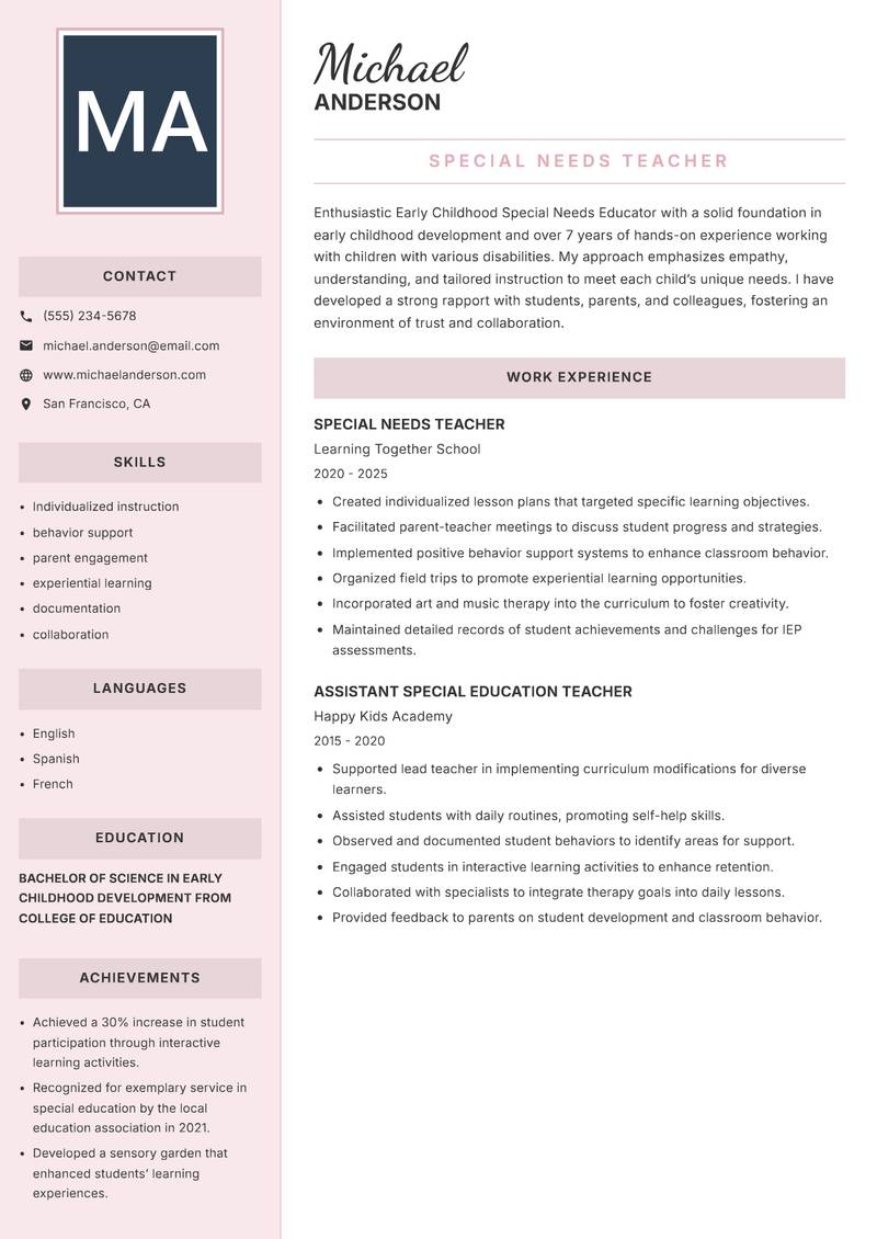 Early Childhood Special Needs Educator resume template — Executive