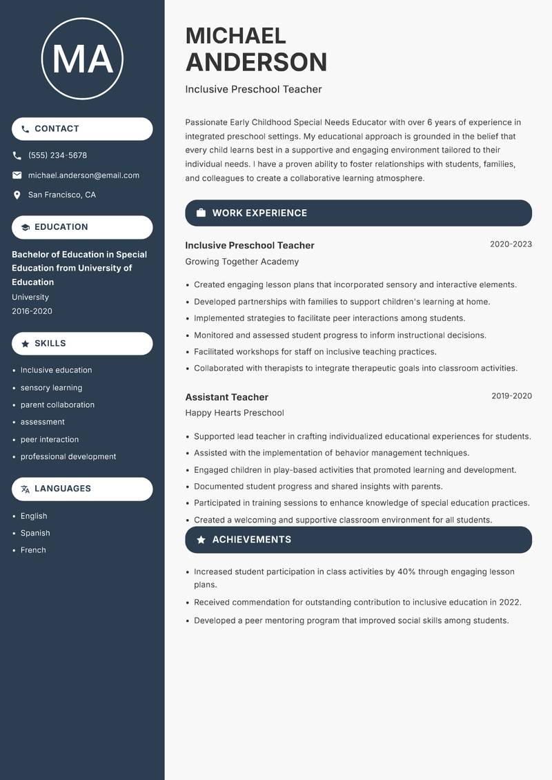 Early Childhood Special Needs Educator resume template — Compact