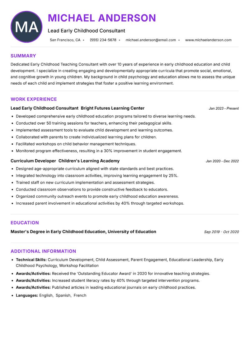 Early Childhood Teaching Consultant resume example — ATS-friendly template