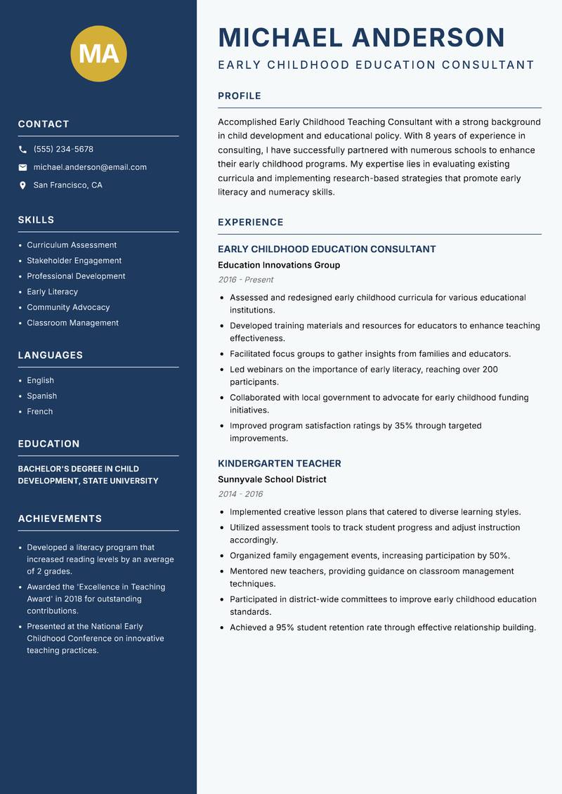 Early Childhood Teaching Consultant resume template — Classic Clean