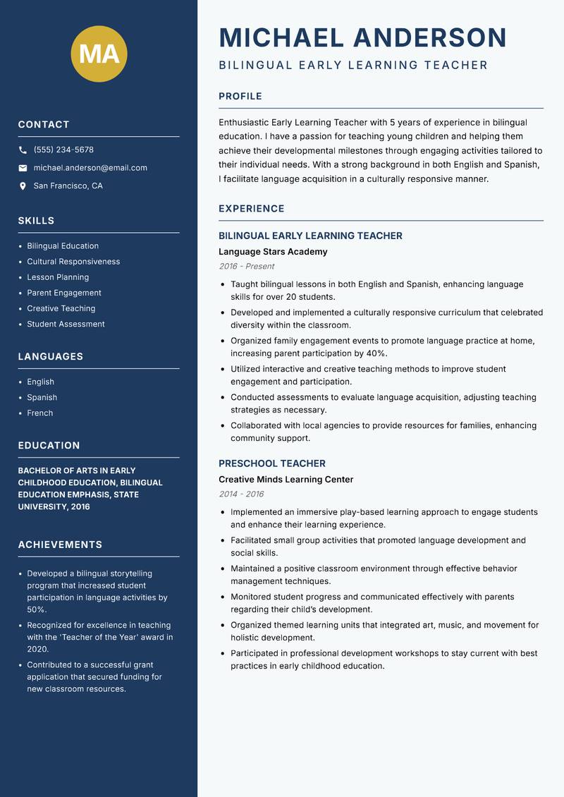 Early Learning Teacher resume template — Classic Clean