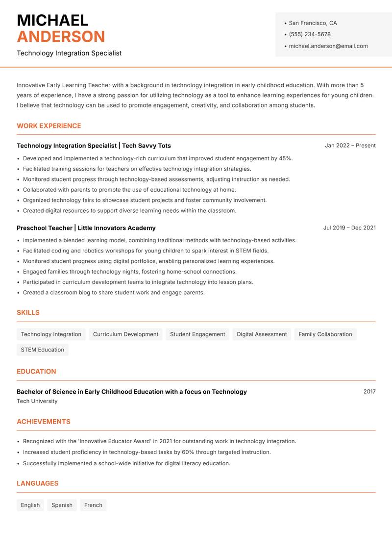 Early Learning Teacher resume template — Modern Professional