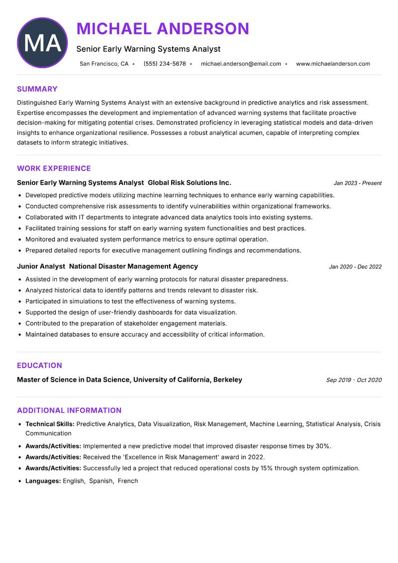 Early Warning Systems Analyst resume example — ATS-friendly template