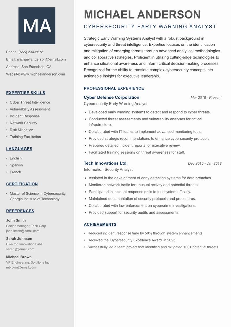 Early Warning Systems Analyst resume template — Creative Minimal