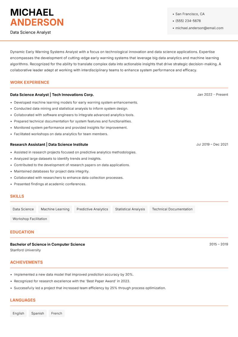 Early Warning Systems Analyst resume template — Modern Professional