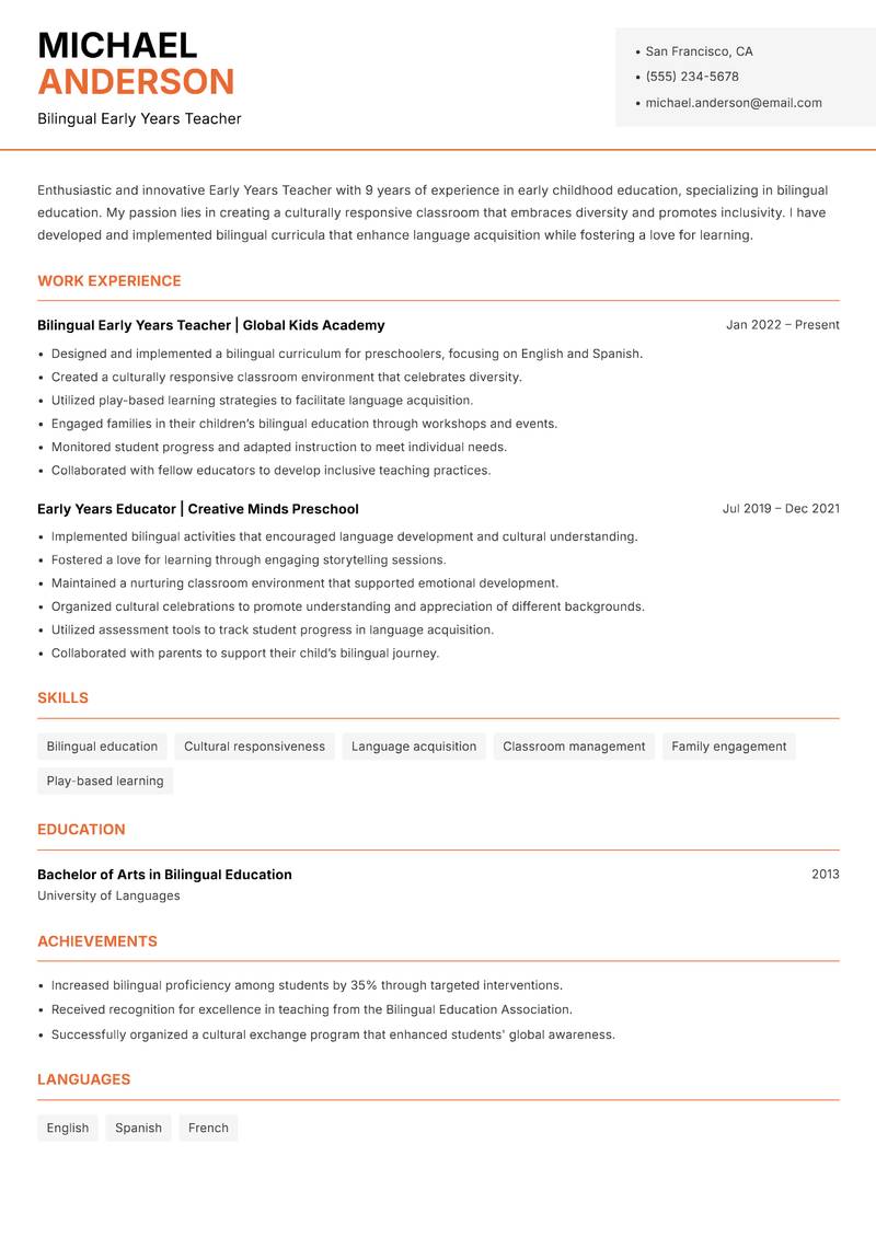 Early Years Teacher resume template — Modern Professional