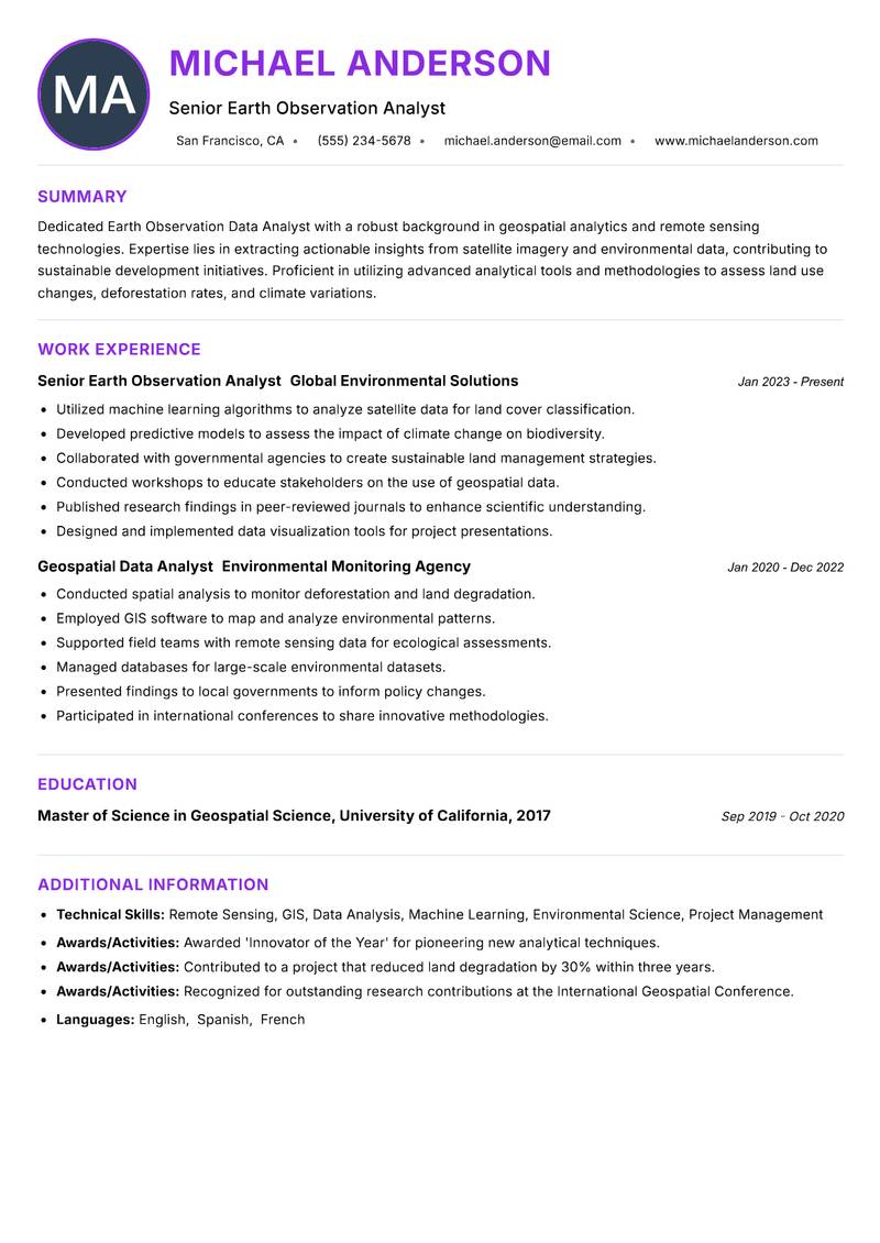 Earth Observation Data Analyst resume example — ATS-friendly template