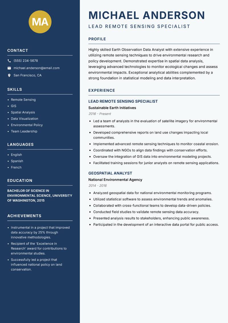 Earth Observation Data Analyst resume template — Classic Clean