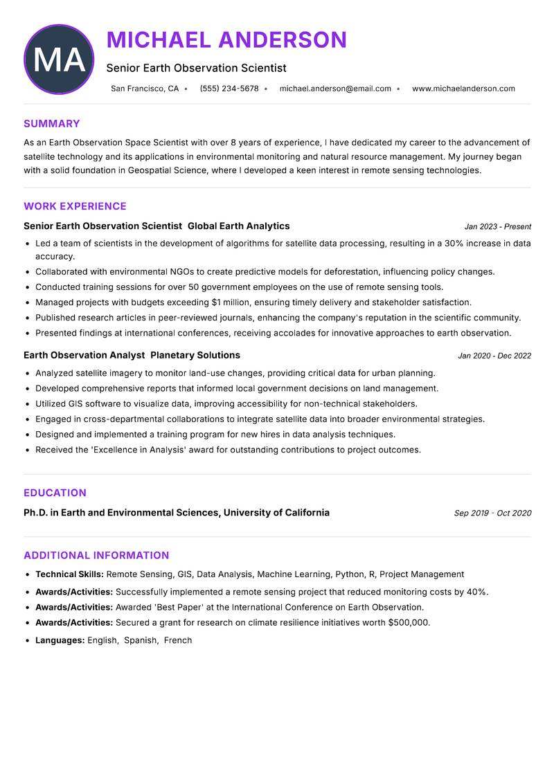 Earth Observation Space Scientist resume example — ATS-friendly template