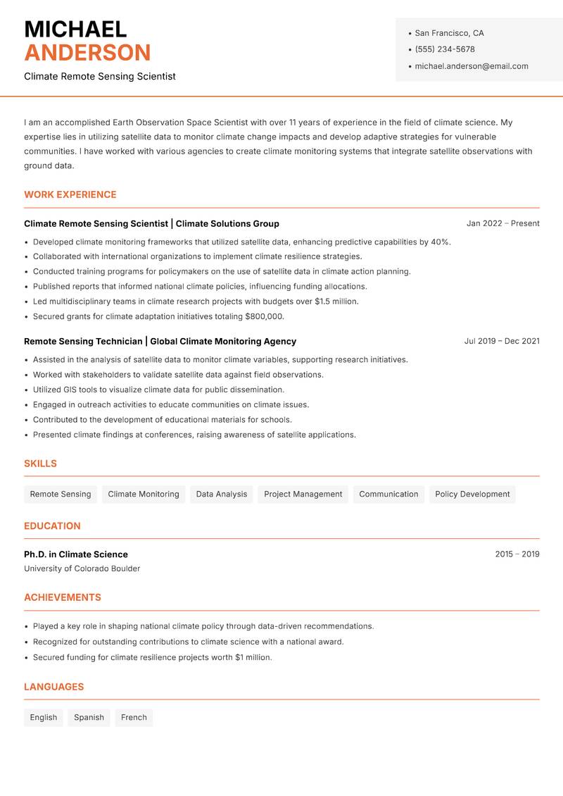 Earth Observation Space Scientist resume template — Modern Professional
