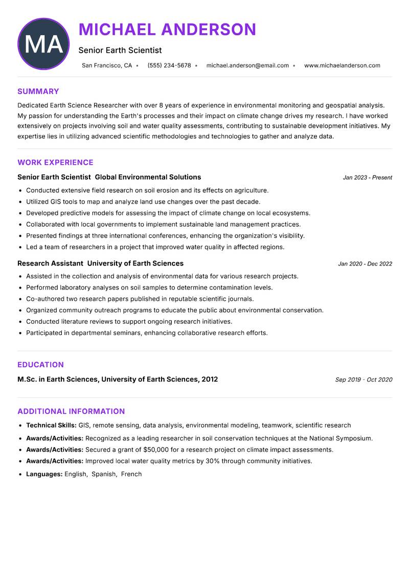 Earth Science Researcher resume example — ATS-friendly template